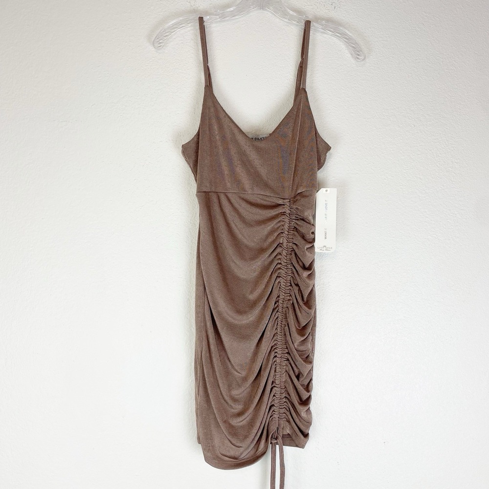 Almost Famous Dress Juniors Medium Mini Ruched Side-Tie Bodycon Stretch Brown